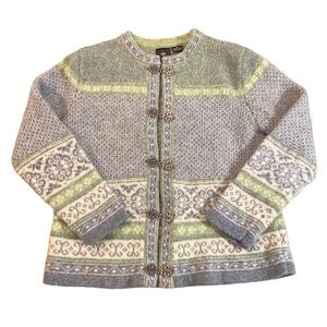 SKYR Wool Fair Aisle Nordic 100% Wool Warm Ski Sweater Cardigan Blue Grey Green